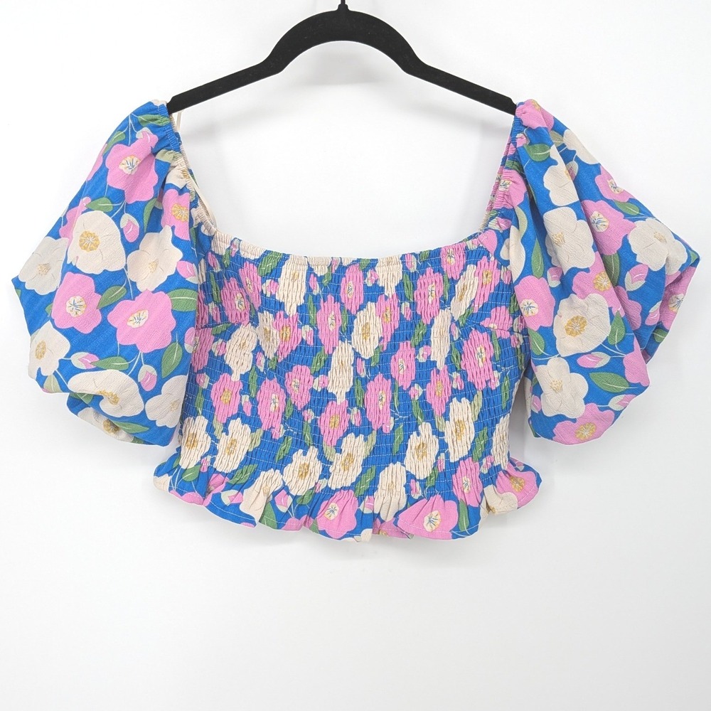 Altar'd State Crop Top Women Medium Blue Floral Smocked Puff Sleeve Festival